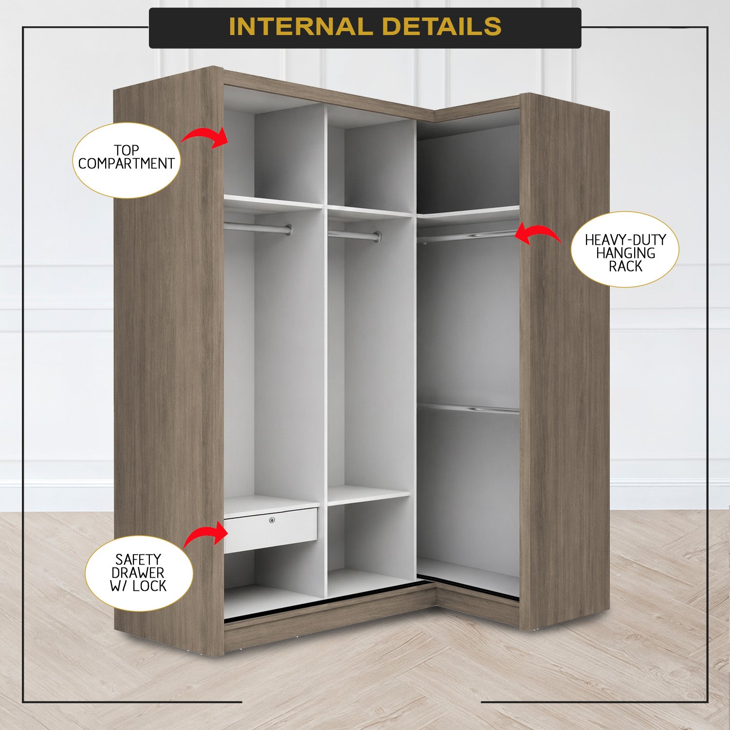 Baden Sliding Door L Shaped Corner Wardrobe with Mirror Door & Internal Drawer w/ Lock in 3 Color