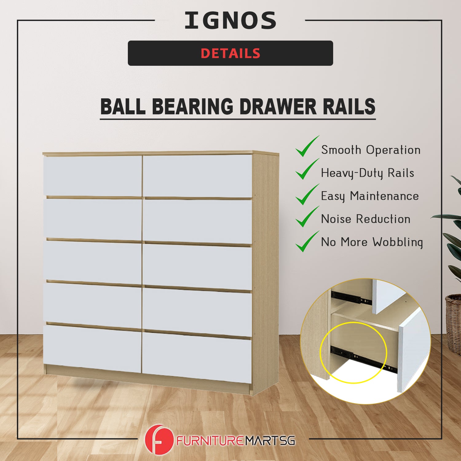 Ignos 10 Drawers Premium Chest of Drawers Full Laminated Back Panel in 6 Colours