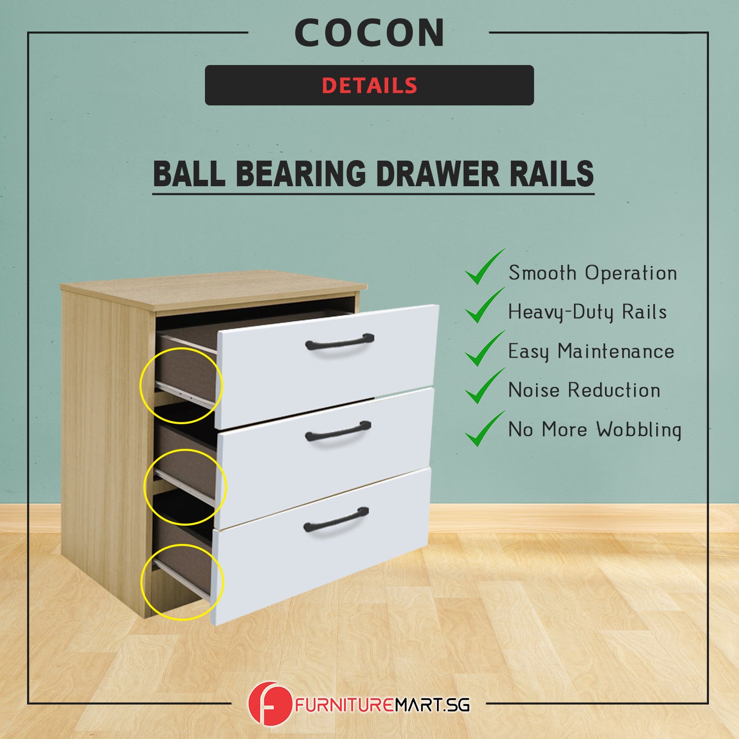 Cocon Premium Bedside Table 3-Drawer Full Laminated Back Panel in 6 Colours