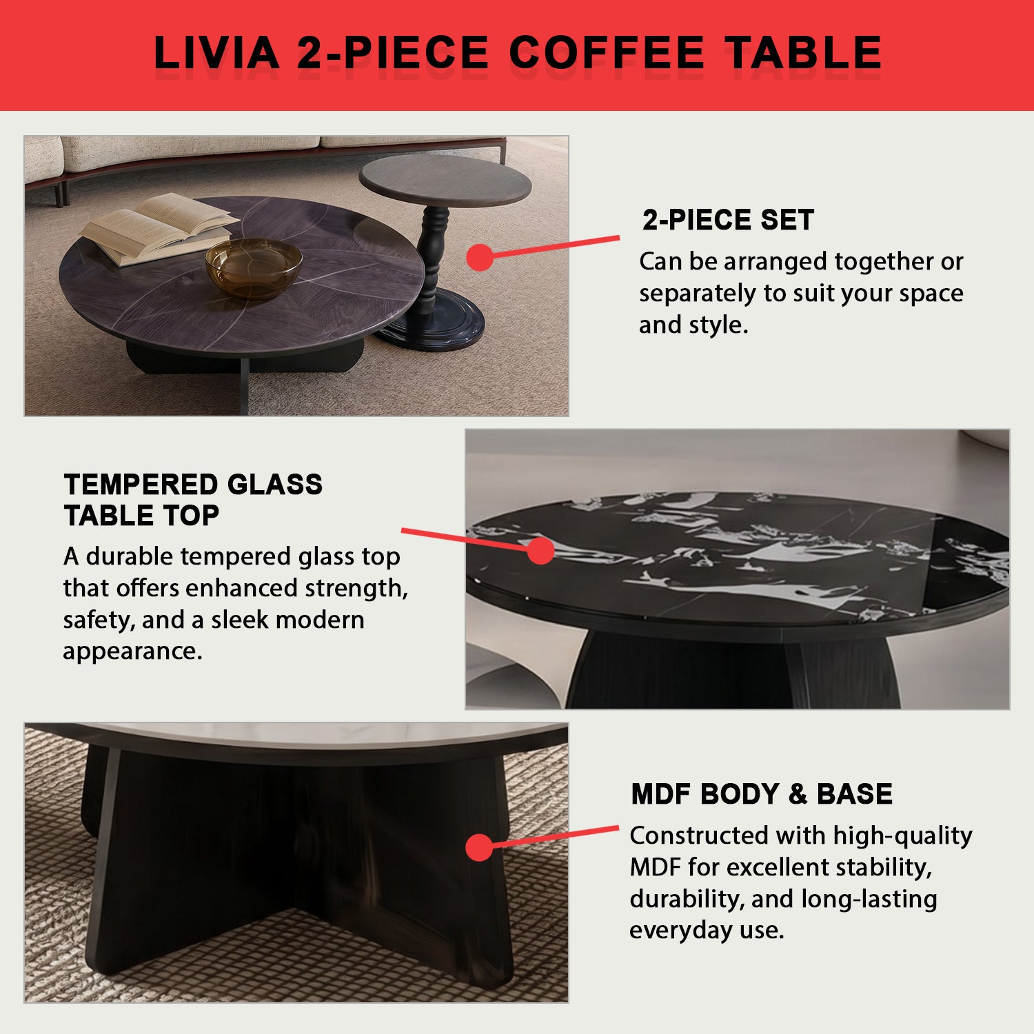 LAVIE Premium Coffee Center Table 2-Piece Set with Tempered Glass Table Top