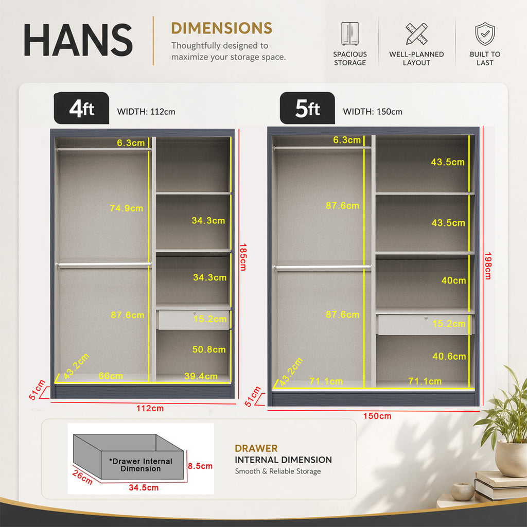 Hans 4FT/5FT/6FT 2-Door Sliding Door Wardrobe CARB-P2 Certified in White Wash or Black