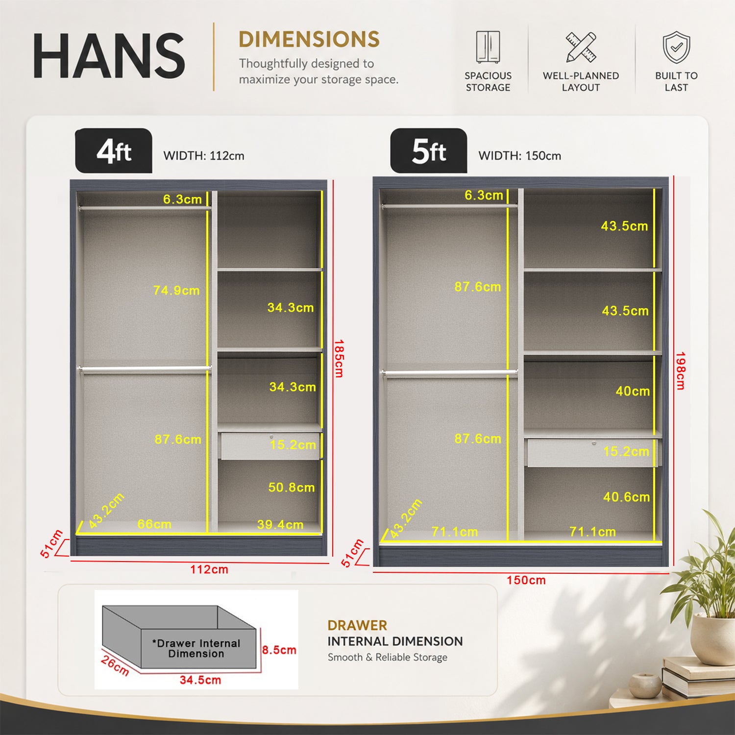 Hans 4FT/5FT/6FT 2-Door Sliding Door Wardrobe CARB-P2 Certified in White Wash or Black