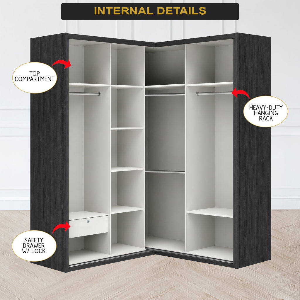 Calvi Sliding Door Corner Wardrobe with Black Glass Door & Internal Drawer w/ Lock