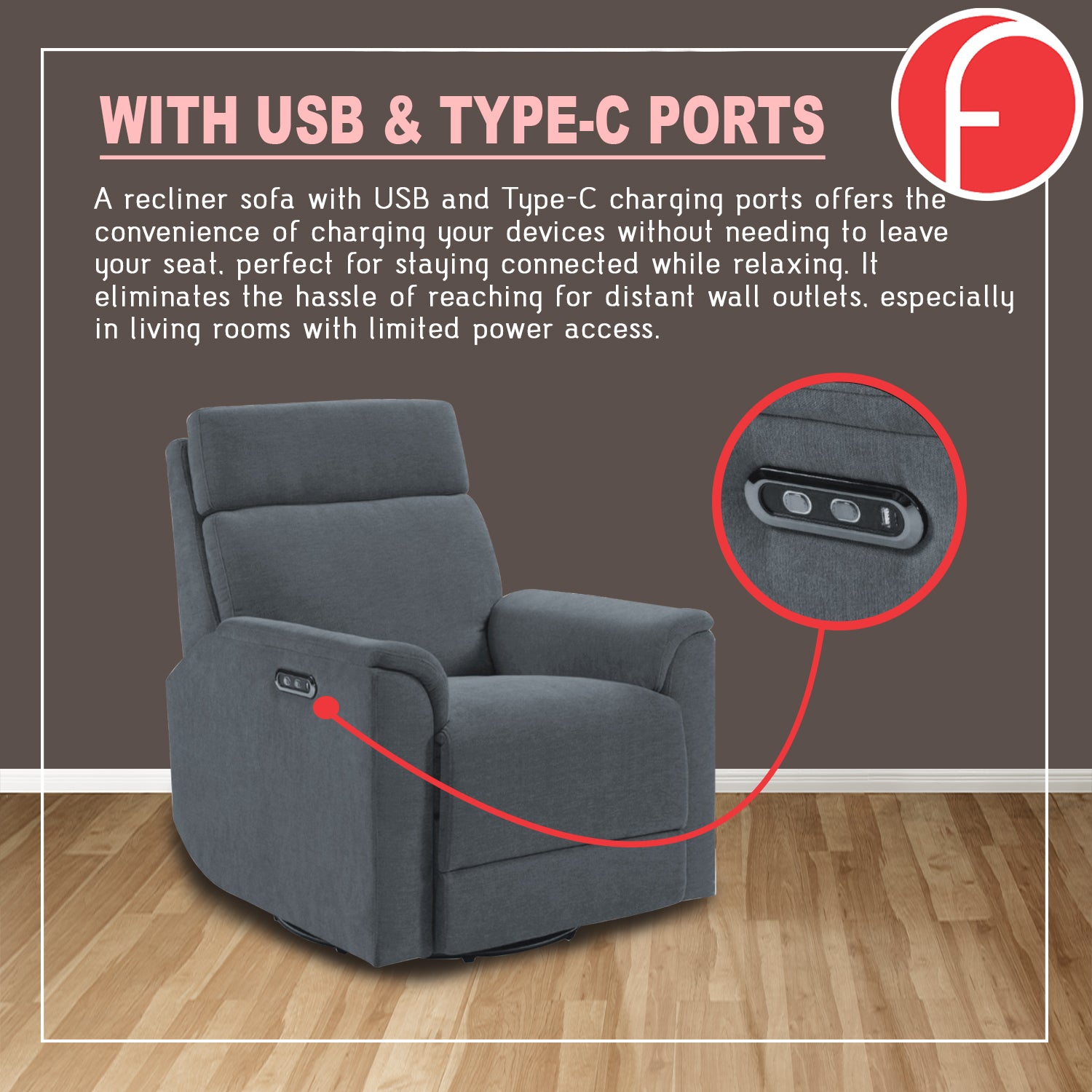 Relazo Single Electric Swivel Recliner Sofa w/ USB Type-C Charging Port PetFriendly (Model B)