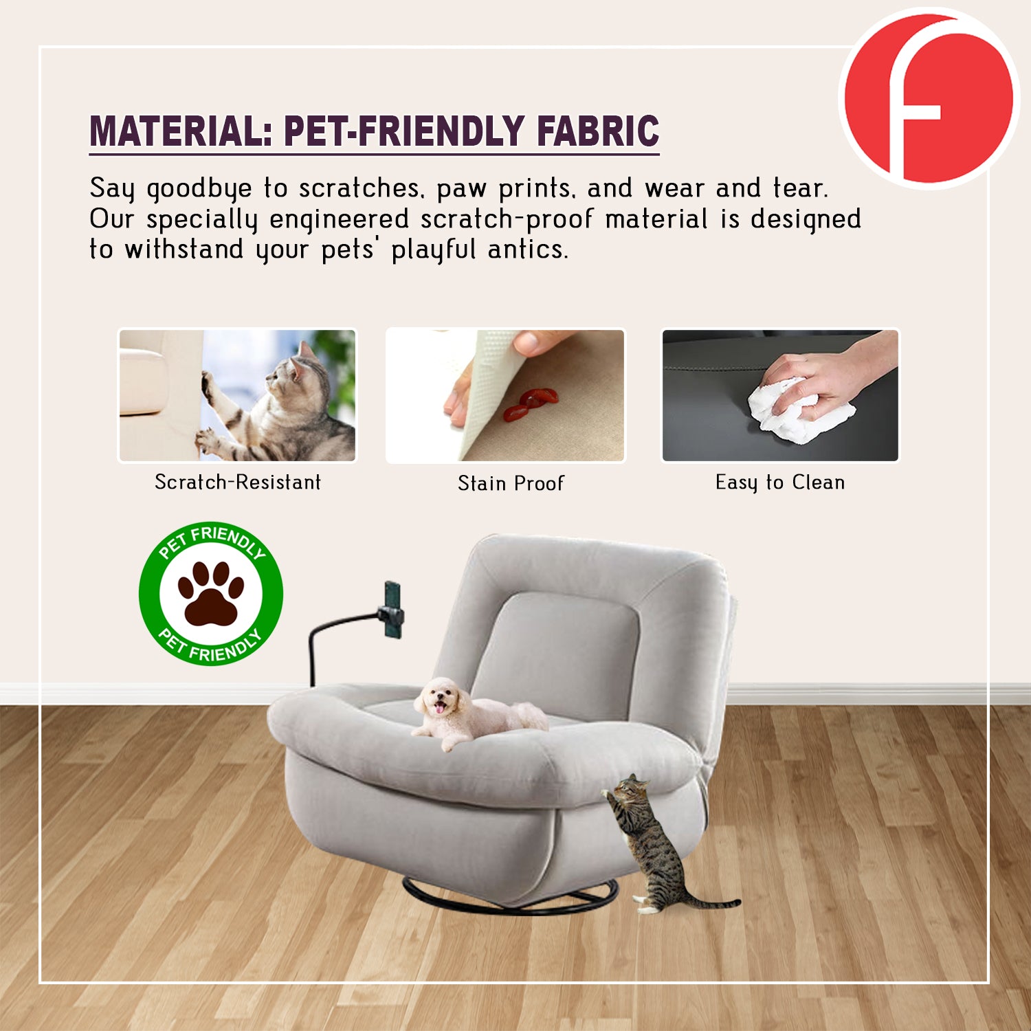Reine 1-Seater Recliner Rocking Sofa with Phone Holder - PetFriendly in 2 Colours