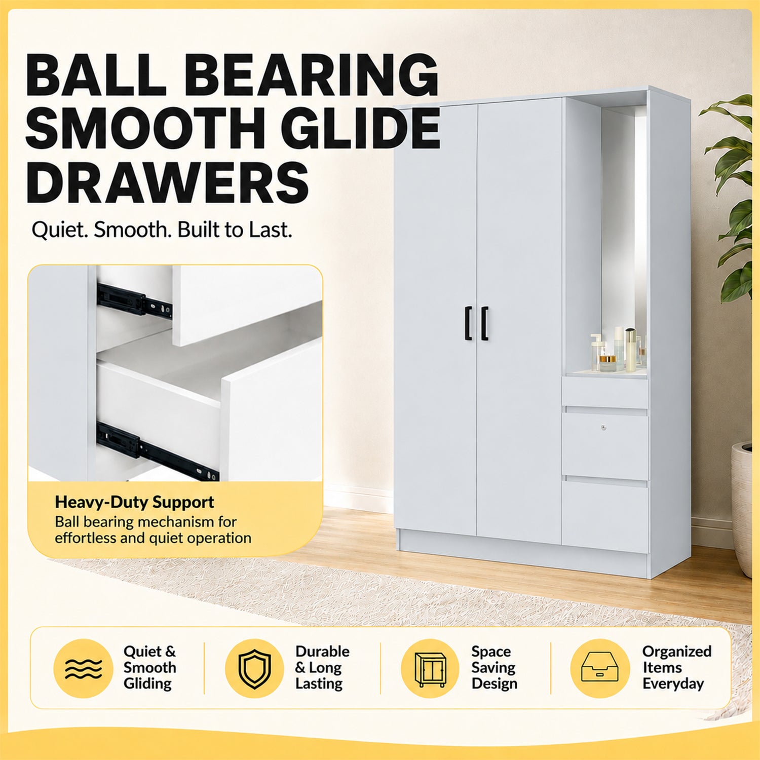 Sabine 4-Door Wardrobe Dresser CARB-P2 Certified Combo with Mirror and Drawers in 6 Colours