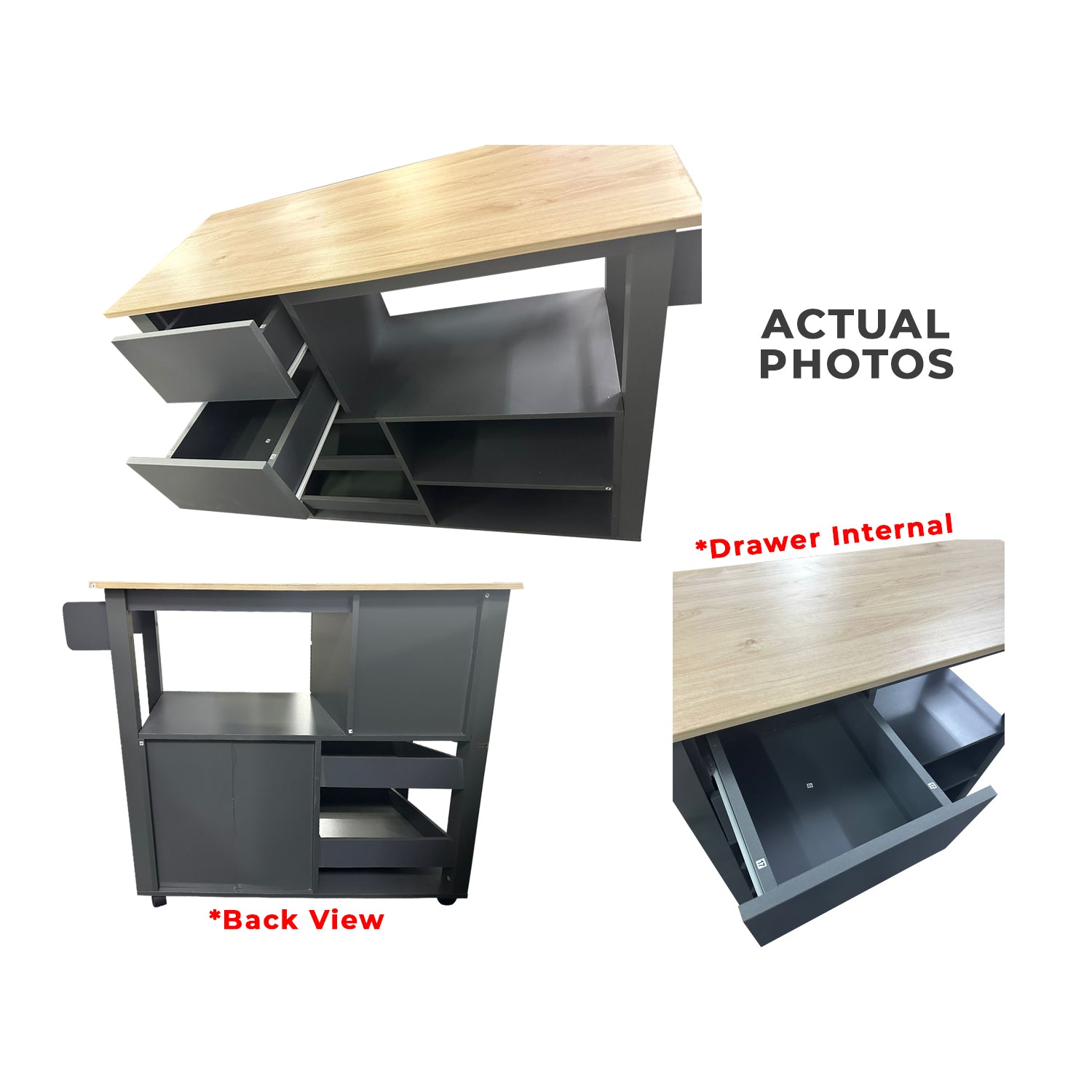 CAROL Series 3 Mobile Kitchen Island/Storage Cabinet 2 Drawer with 4 Wheel Trolley Pantry Grey Color Solid Table Top