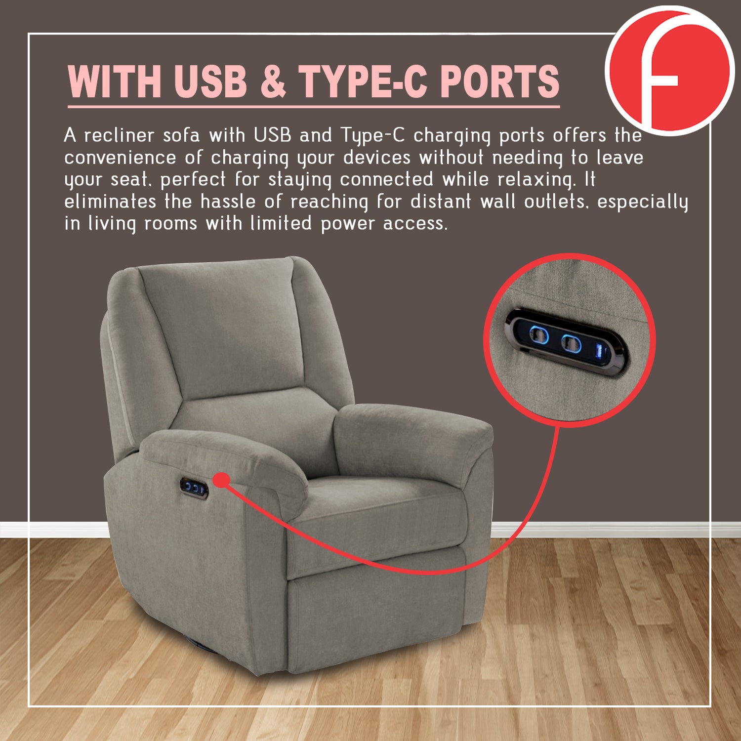 Relazo Single Electric Swivel Recliner Sofa w/ USB Type-C Charging Port PetFriendly (Model A)