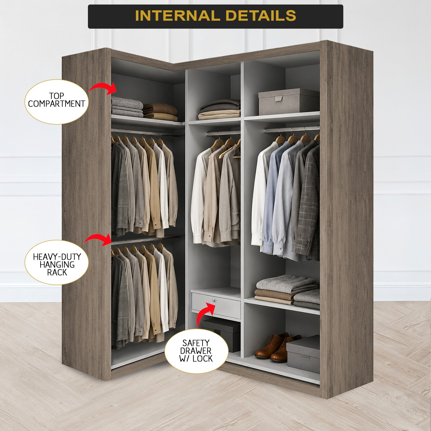 Ansan Sliding Door Corner Wardrobe with Top Compartment with Drawer w/ Lock in 3 Colour