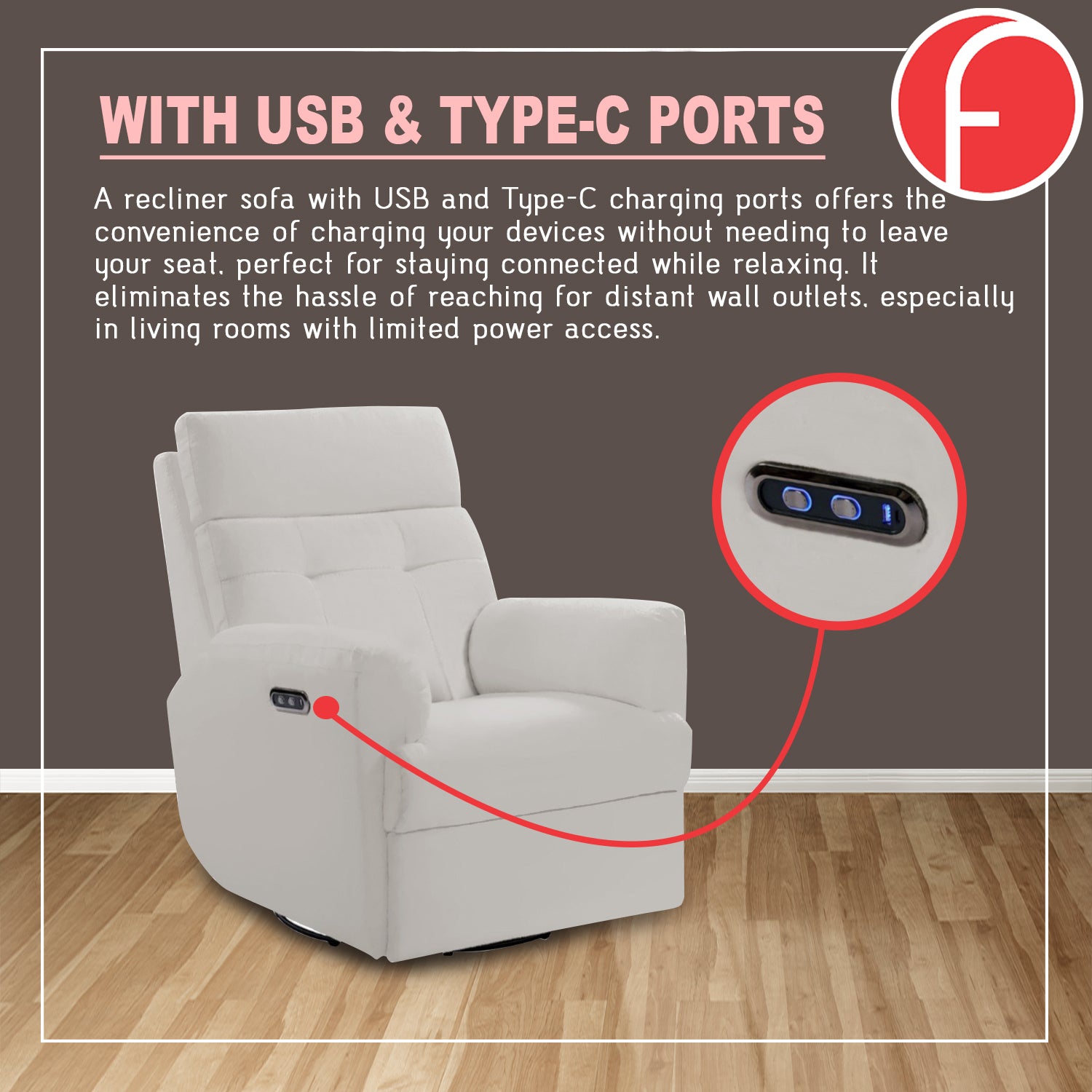 Relazo Single Electric Swivel Recliner Sofa w/ USB Type-C Charging Port PetFriendly (Model C)