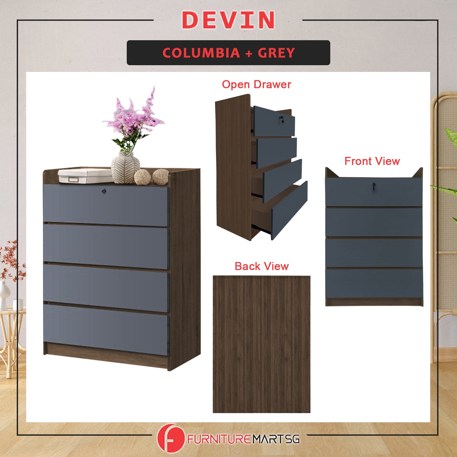 Devin Series Premium Chest of 4 Drawers Collection Full Laminated Back Panel in 6 Colours