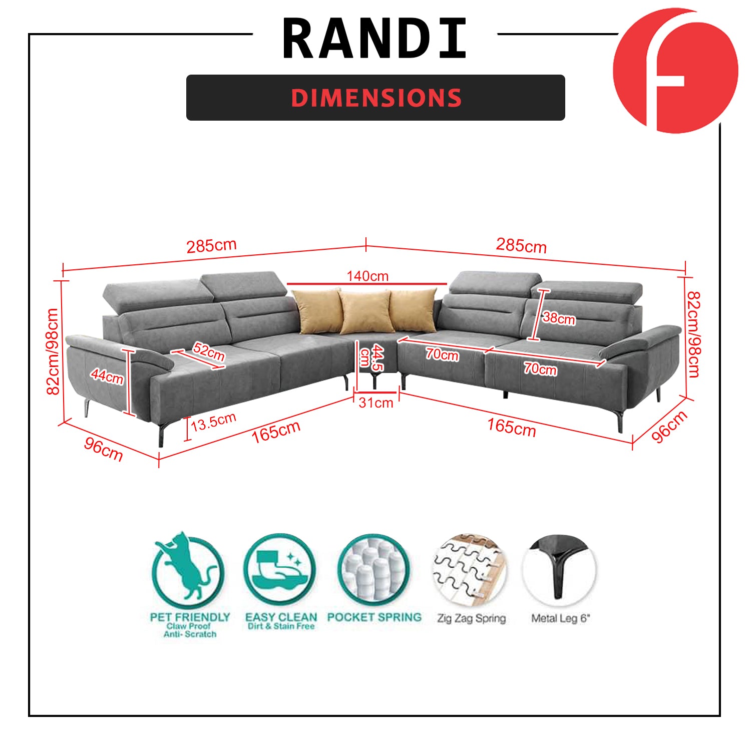 Randi Series Corner Sofa Pocket Spring Sofa in 47 Colour - w/ PetFriendly Fabric Option
