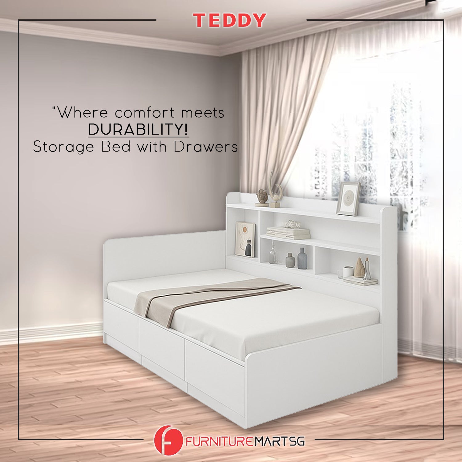 Teddy Storage Bed with Drawers Fully Laminated Eco Board All Sizes w/ Mattress Options