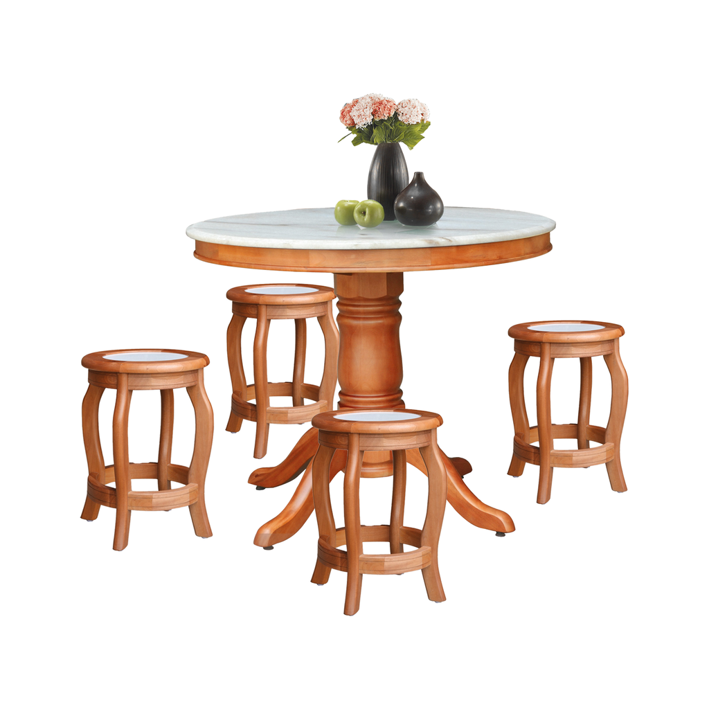 Mateo Dining Set Round Table & Stools 1+4 in Solid Wood Natural Marble Top Cherry/Walnut