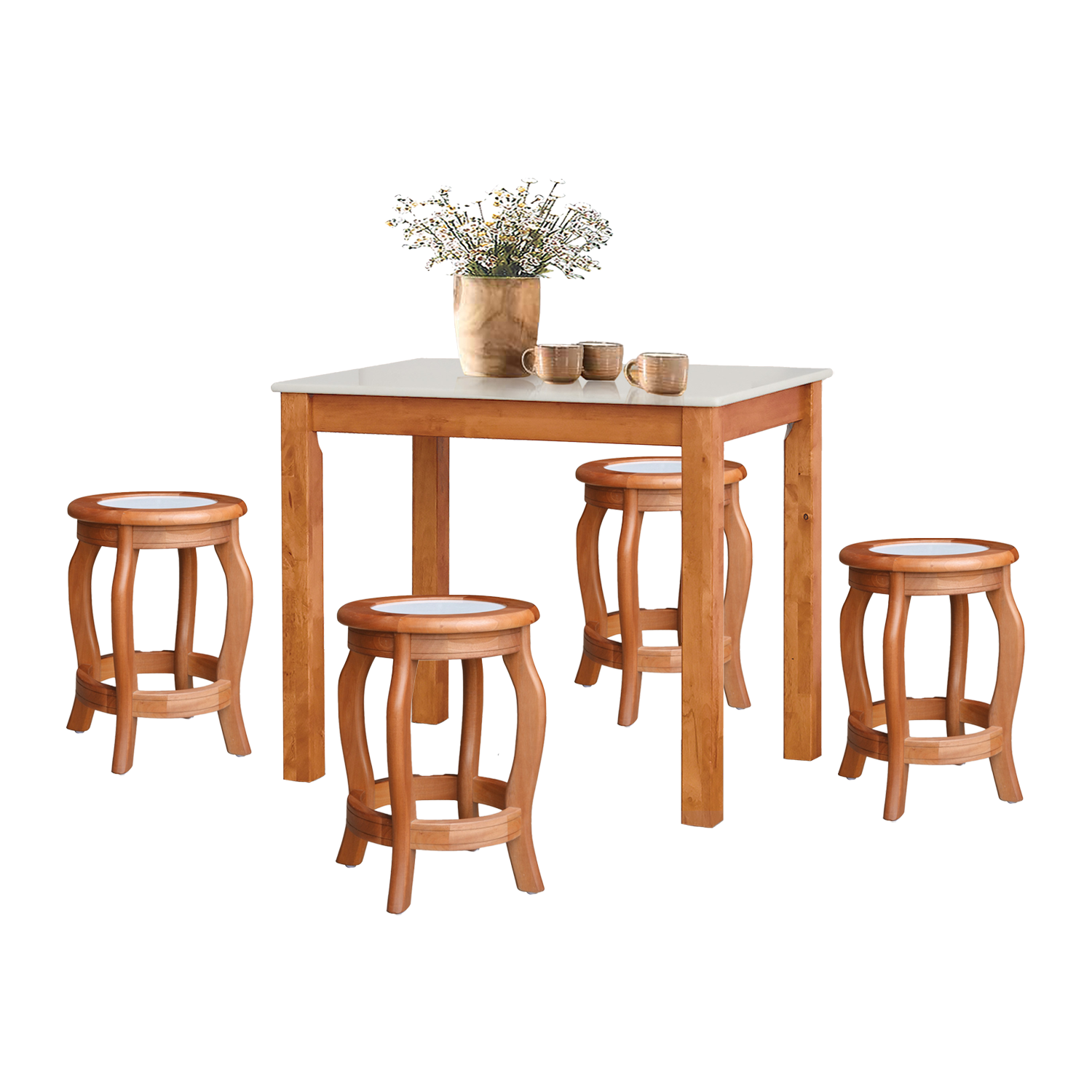 Lucas Dining Set w/ Table and Stools 1+4 in Solid Wood Natural Marble Top Cherry/Walnut