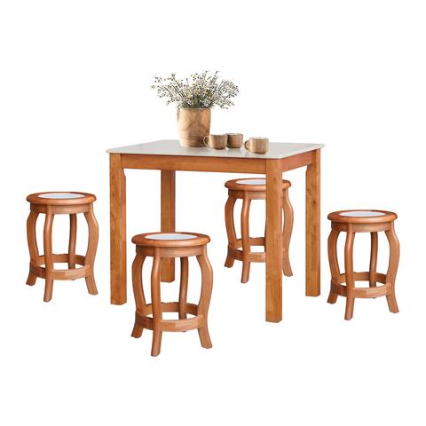 Image of Lucas Dining Set w/ Table and Stools 1+4 in Solid Wood Natural Marble Top Cherry/Walnut