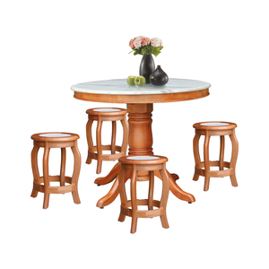 Mateo Dining Set Round Table & Stools 1+4 in Solid Wood Natural Marble Top Cherry/Walnut