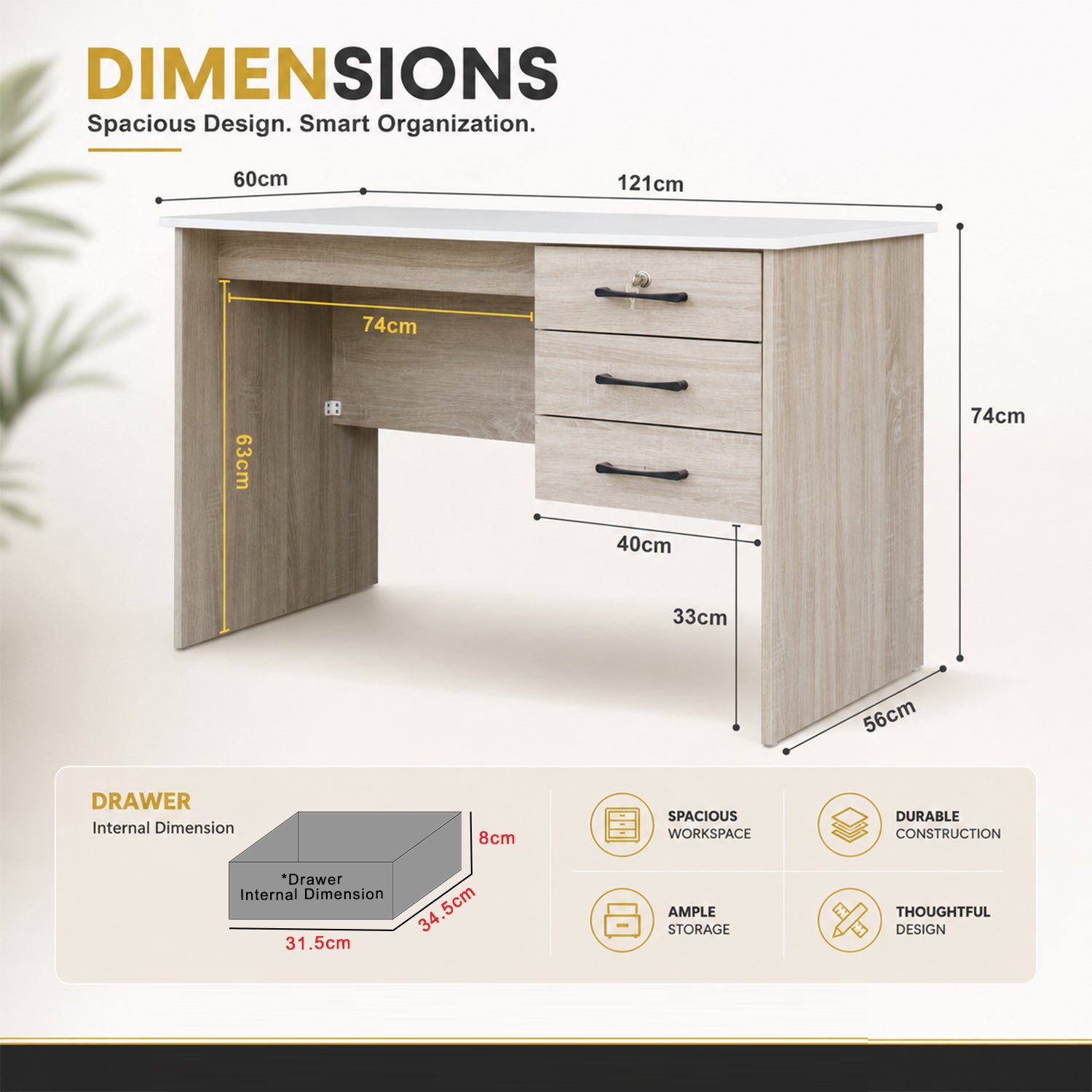 Derek Study Computer Office Table Carb-P2 Certified with Drawer w/ Lock in 4 Colours