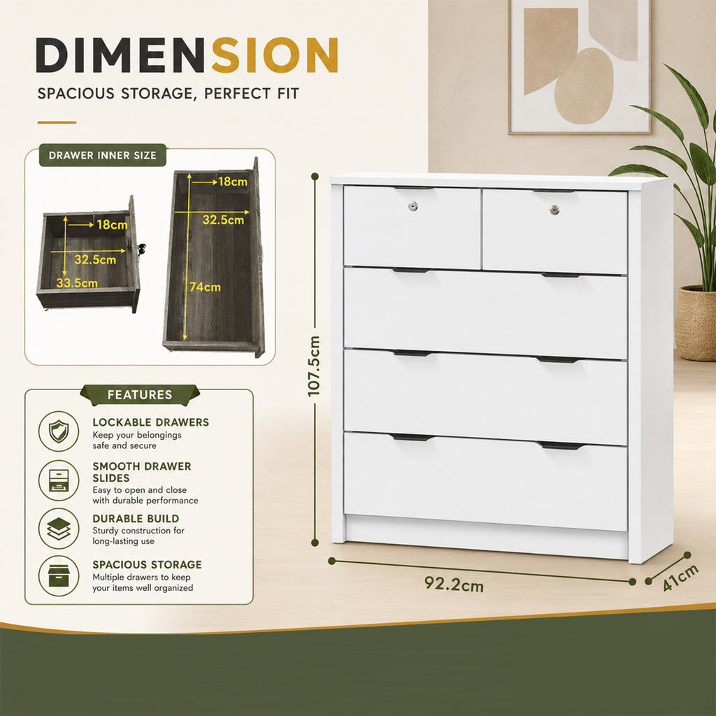 Flori 5-Drawers CARB-P2 Certified Board Chest of Drawers Full Laminated Back Panel