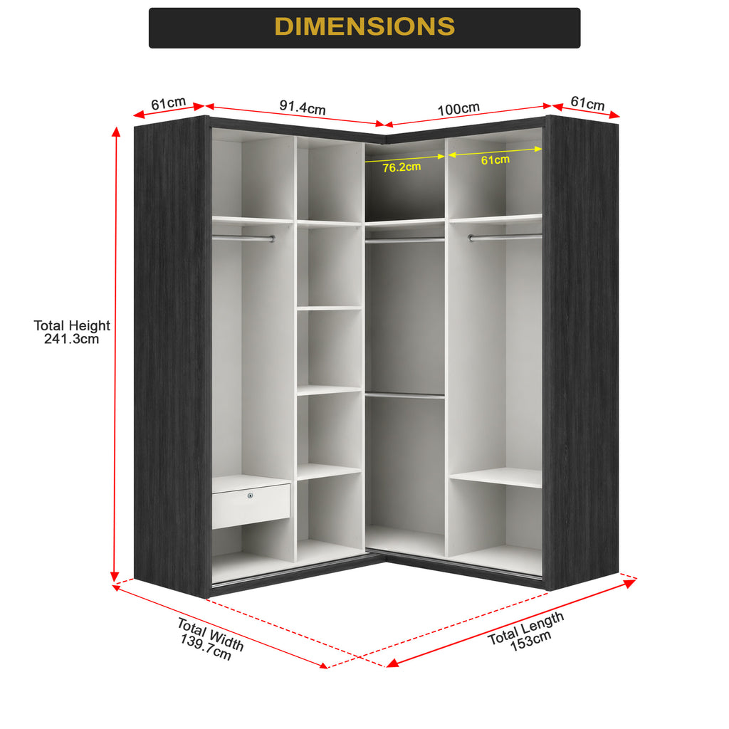 Calvi Sliding Door Corner Wardrobe with Black Glass Door & Internal Drawer w/ Lock