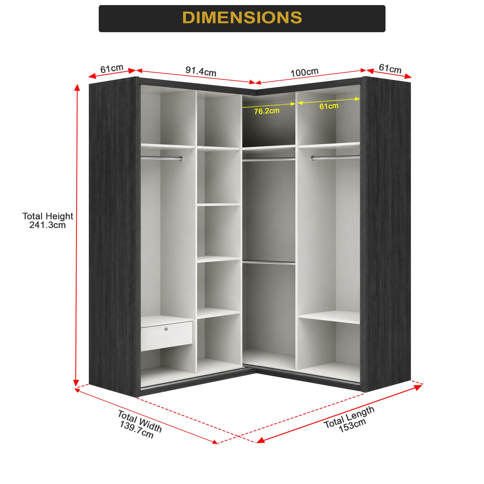 Calvi Sliding Door Corner Wardrobe with Black Glass Door & Internal Drawer w/ Lock