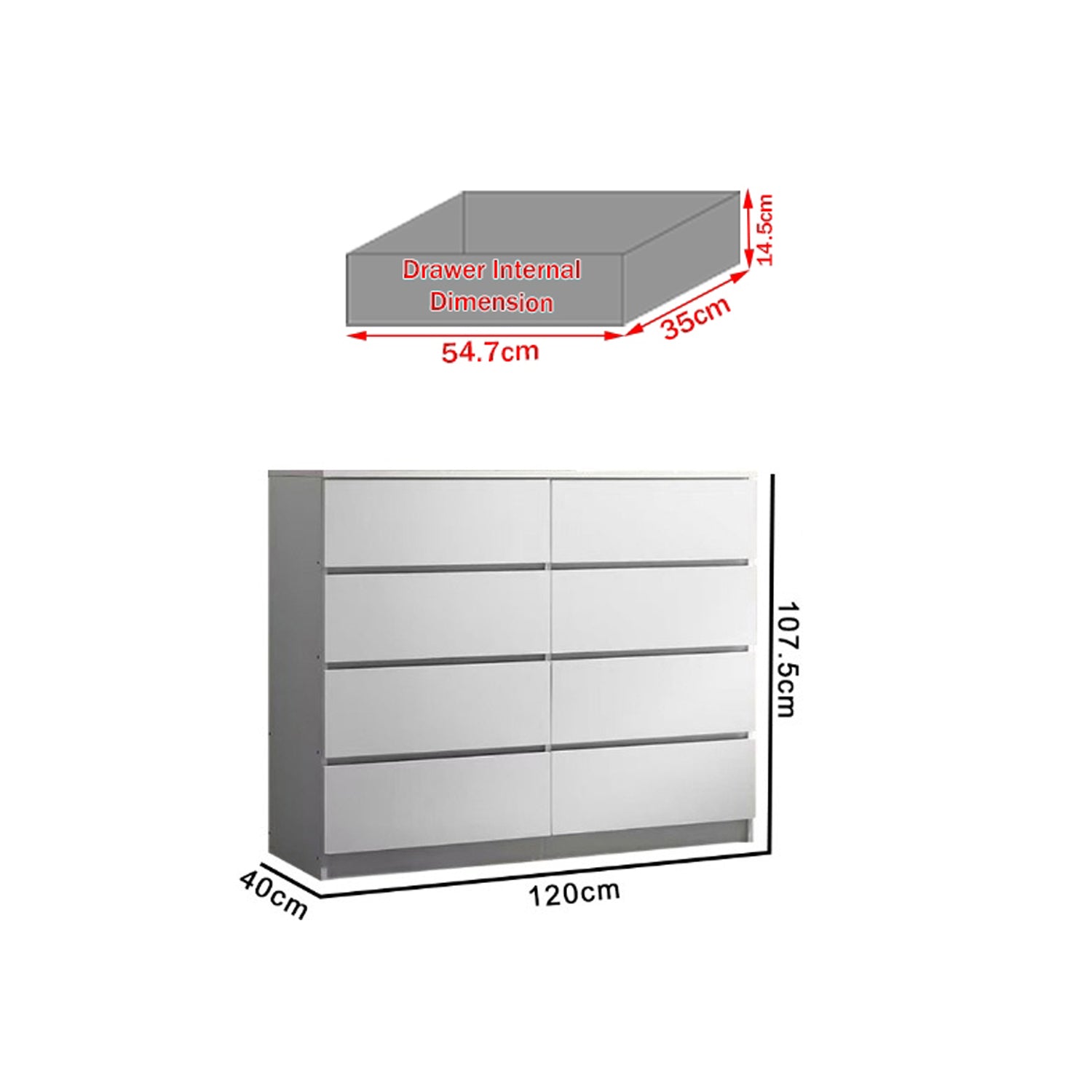 Agnis 8 Drawers Premium Chest of Drawers Full Laminated Back Panel in 6 Colours