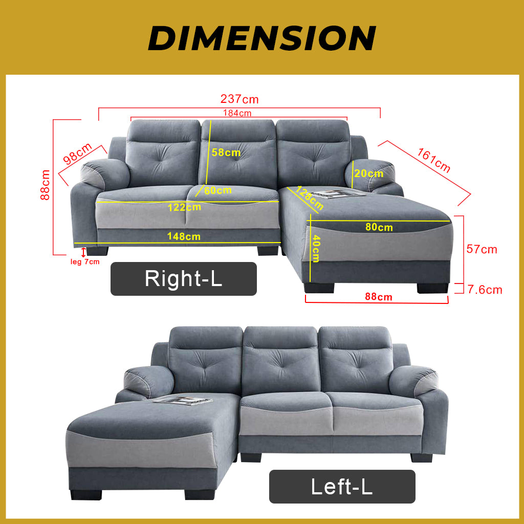 Maine 3-Seater L-Shaped Sofa Pocketed Spring in 50 Colour - w/ PetFriendly Fabric