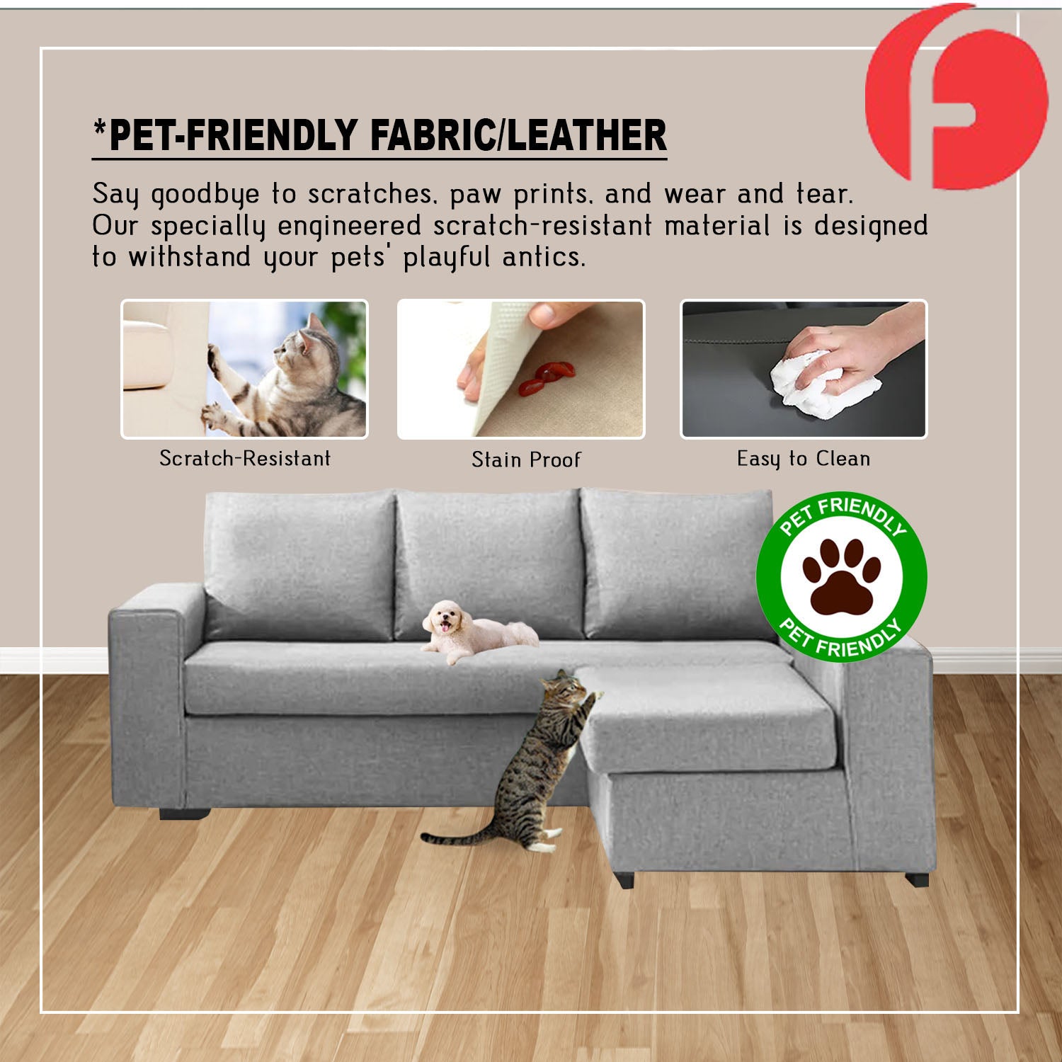 Argie 3-Seater L-Shaped Sofa with Stool High Density Foam w/ PetFriendly Options