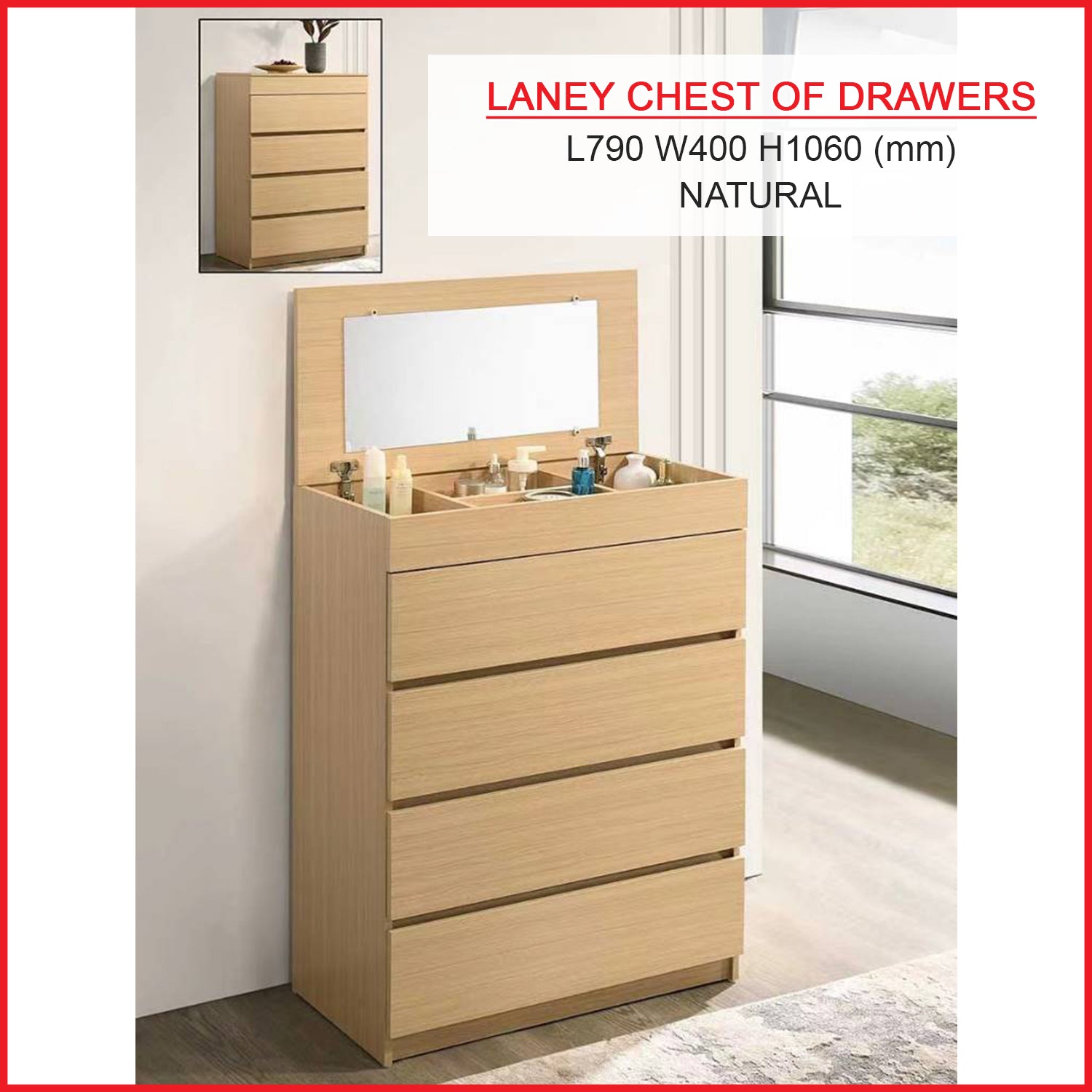 Laney 4 Chest of Drawers with Mirror and Cosmetics Compartment in 3 Colours