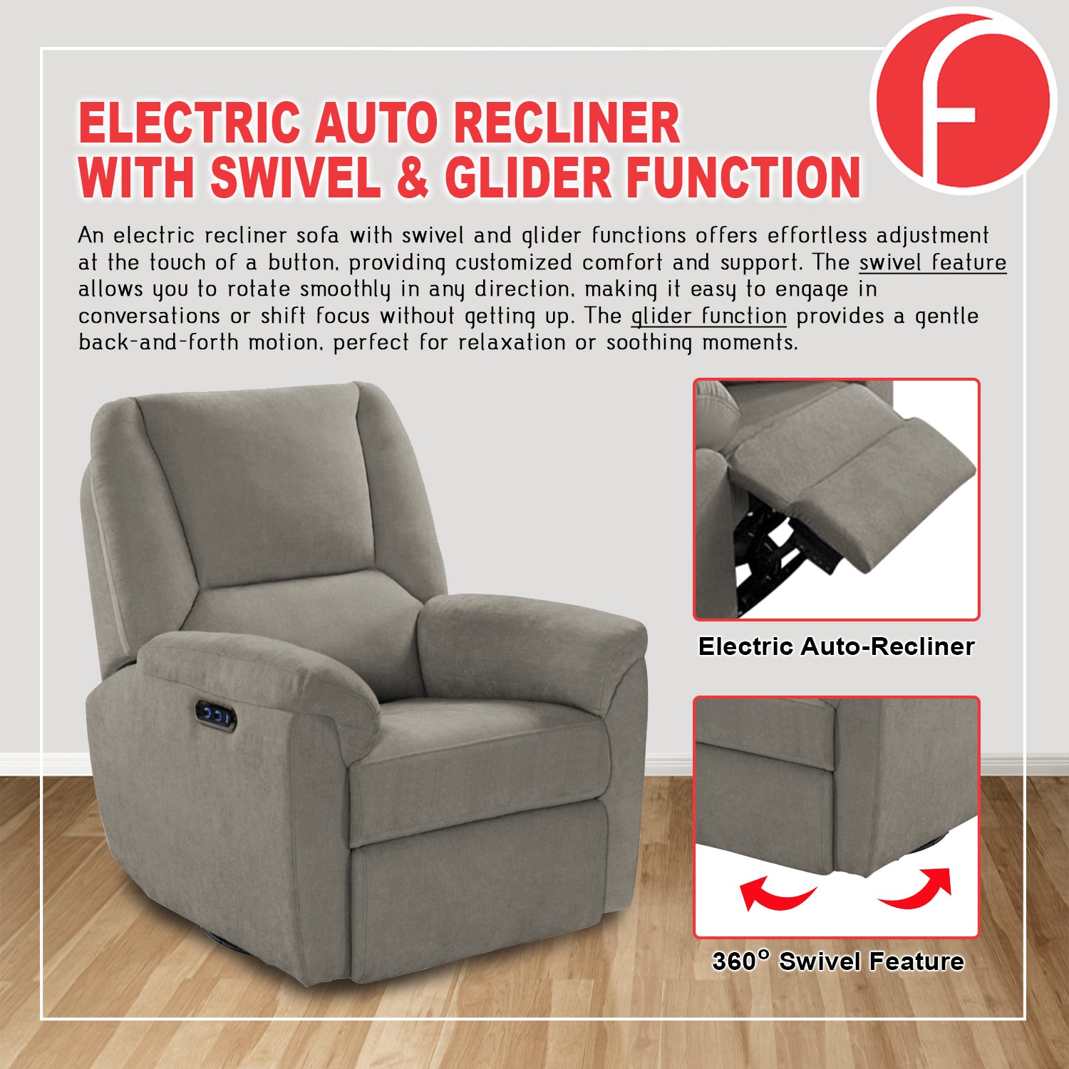 Relazo Single Electric Swivel Recliner Sofa w/ USB Type-C Charging Port PetFriendly (Model A)
