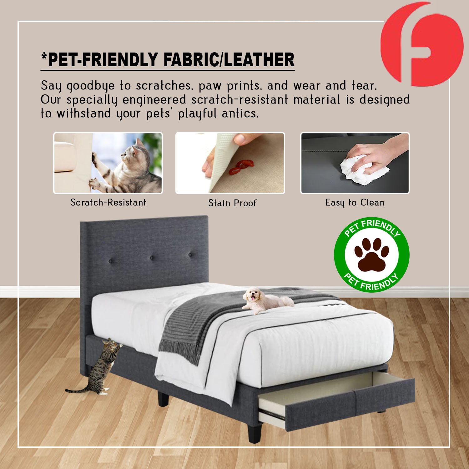 Taylor Twin Bed Frame with Drawer / Side Table  - PetFriendly Scratch-Resistant