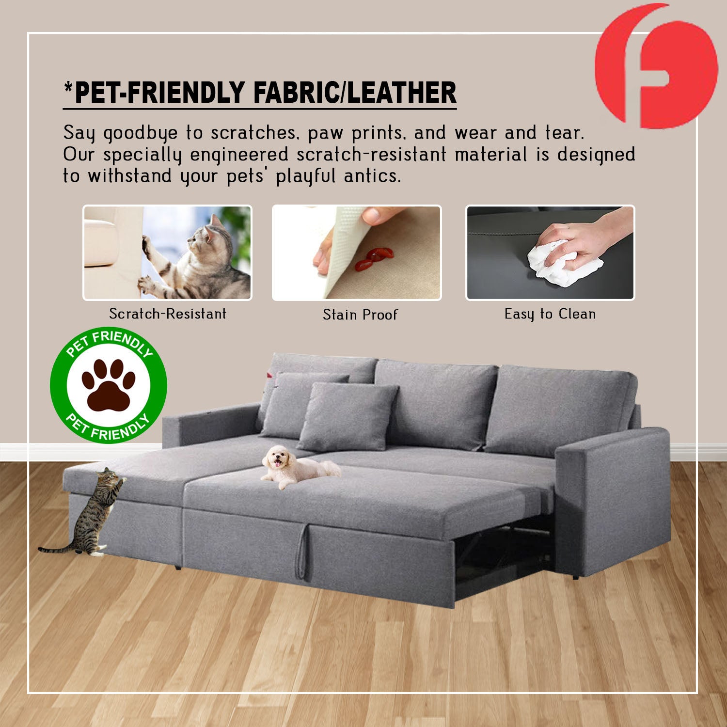 Potter 3-Seater Sofa / Sofa Bed Storage High Density Foam Cushion w/ PetFriendly Options