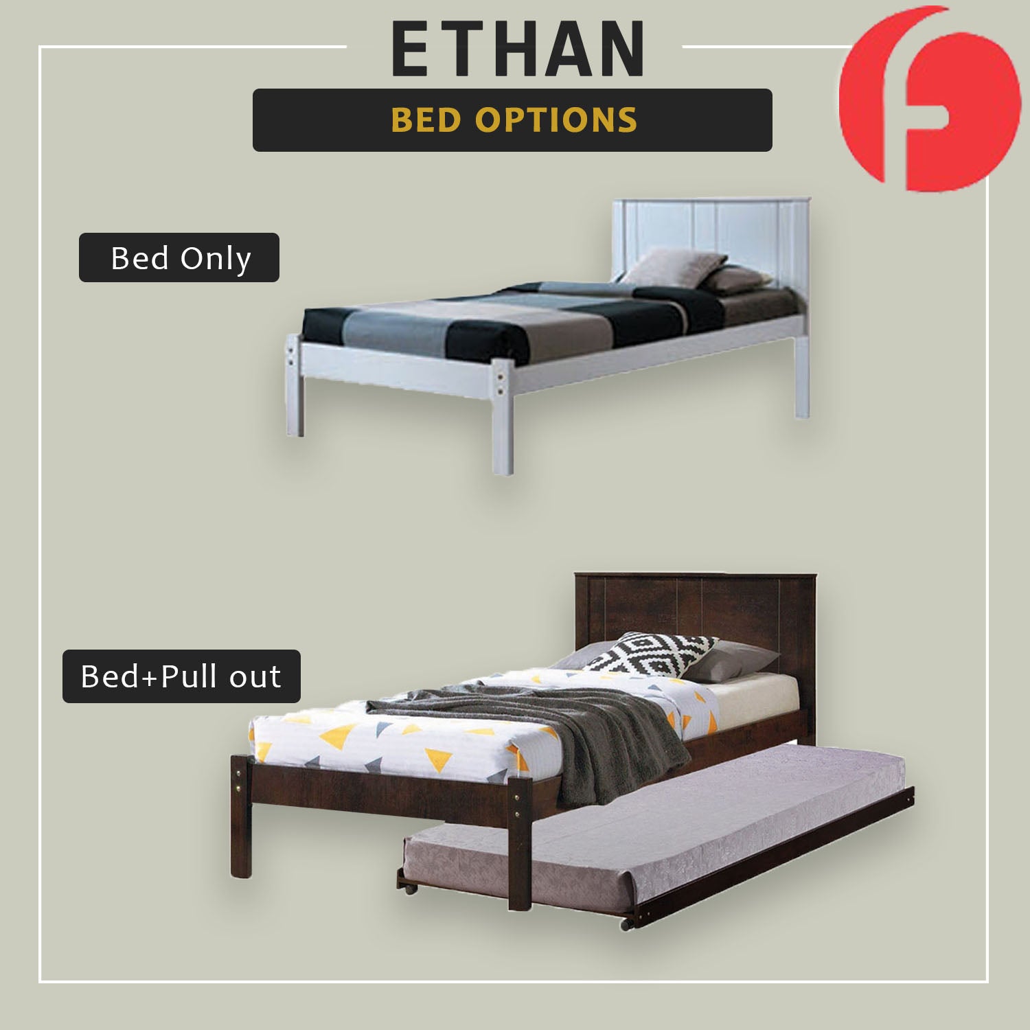 Ethan Single Pull-Out Bedframe MDF + Veneer Solid Wood Slatted Base  - w/ Mattress Option