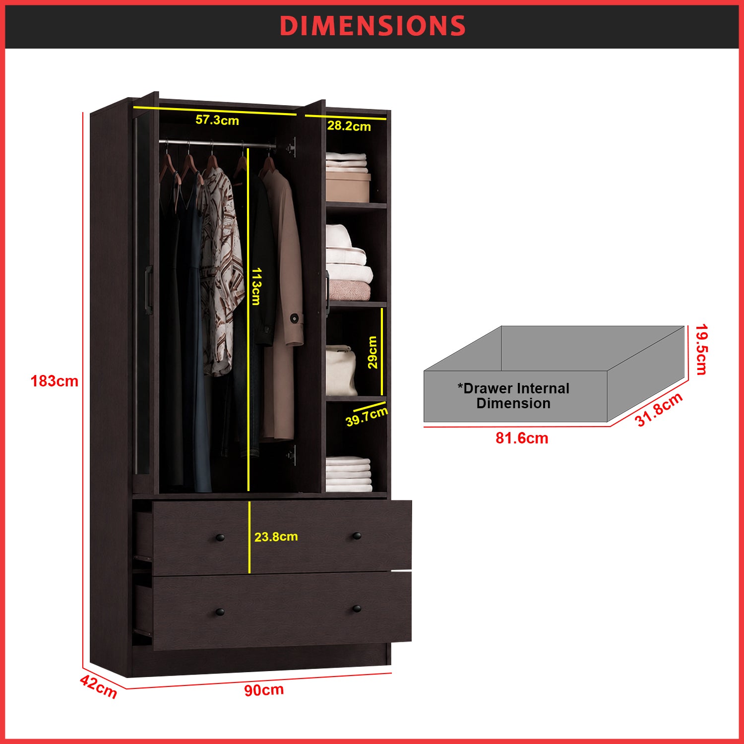 MIORI 2-Door Wooden Wardrobe Modern Clothes Cabinet with Hanging Rod, Drawer & Open Shelf