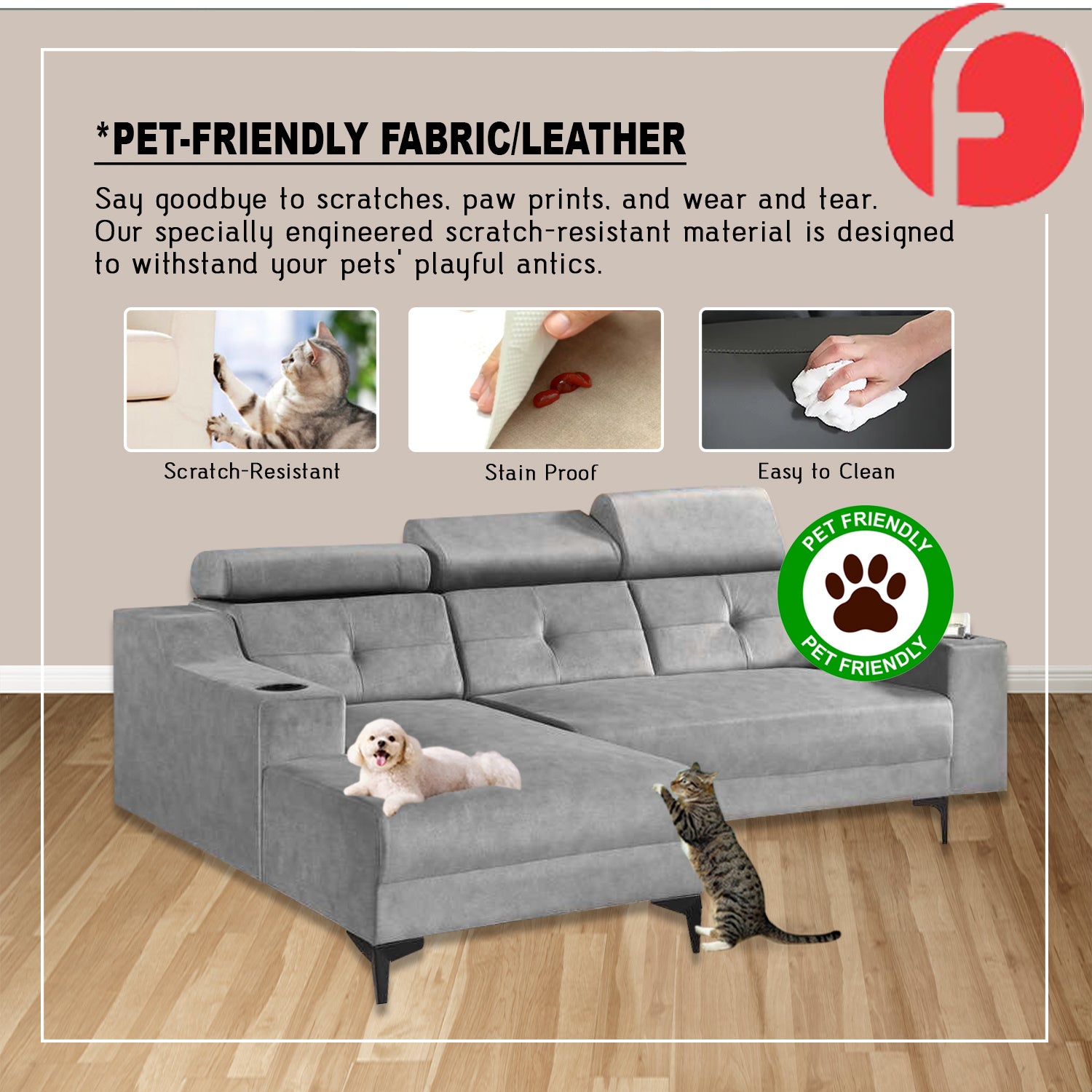 Axel 3 Seater Left and Right L-Shaped Sofa in 47 Colour - w/ PetFriendly Fabric/Leather