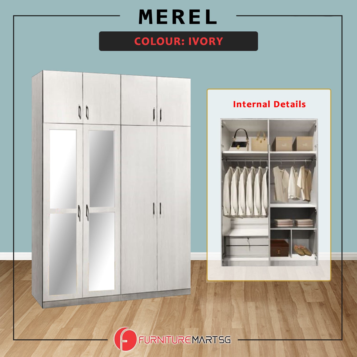 Merel 4-Doors Wardrobe with Internal Drawers and Top Cabinet in 3 Colours