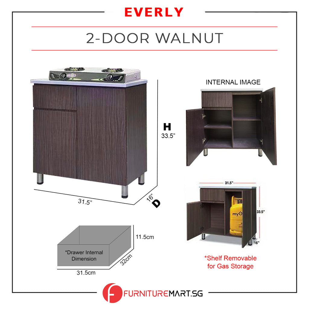 Everly 2 Door Walnut Kitchen Cabinet Ceramic Tile Top with Gas Cabinet