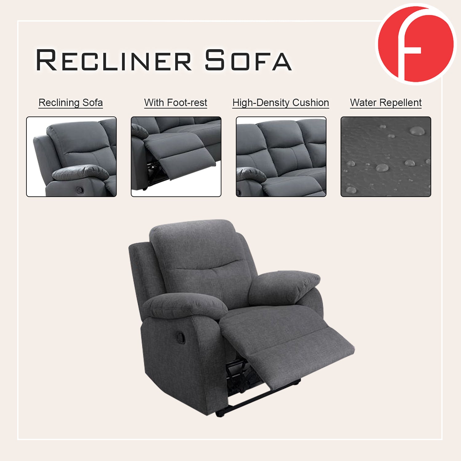 Umiye 1S/2S/3S Sofa Water Repellent Sofa in Grey PU Leather/Water Repellent Fabric