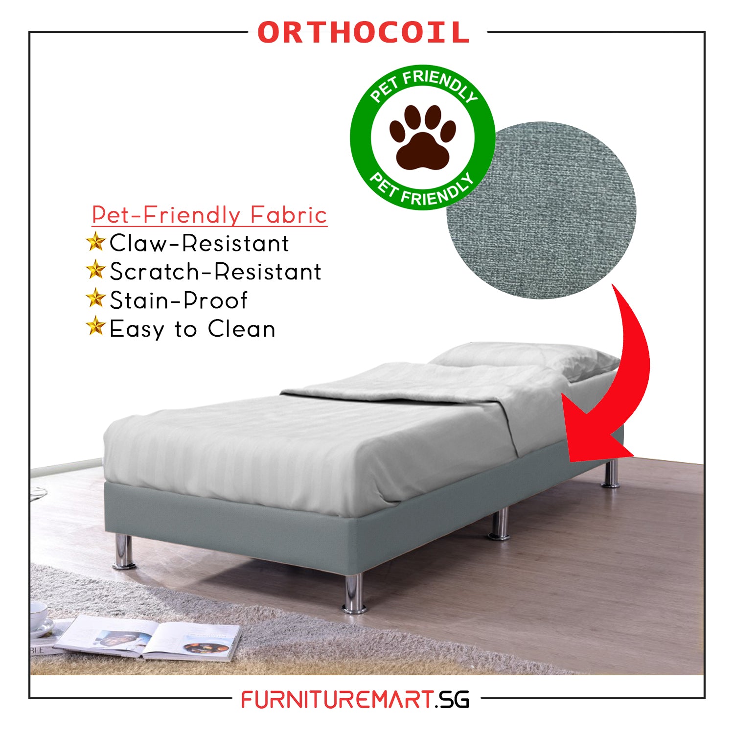 OrthoCoil Divan Bed Frame Pet Friendly Scratch-Resistant Fabric With Mattress Add-On Options
