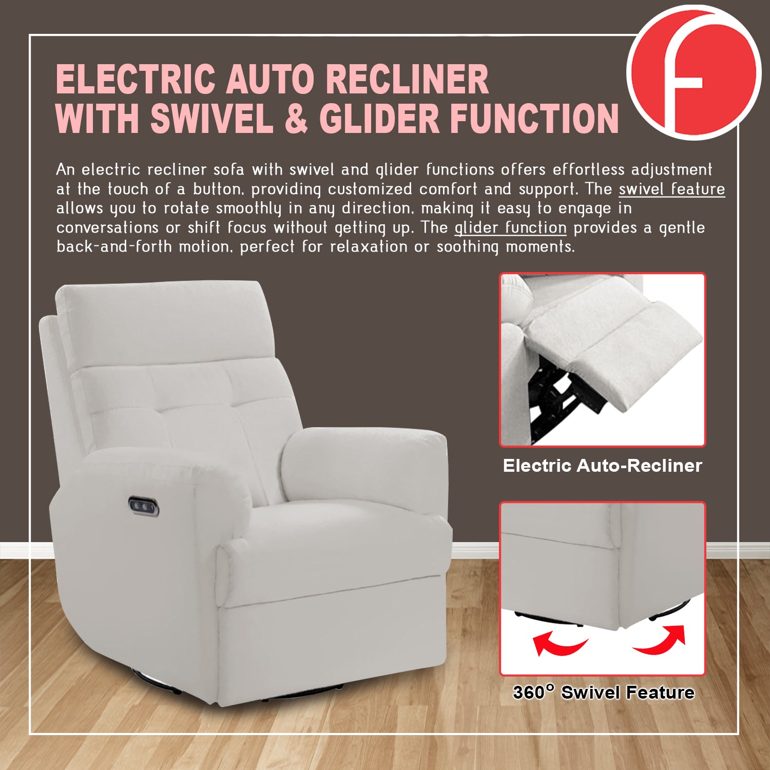Relazo Single Electric Swivel Recliner Sofa w/ USB Type-C Charging Port PetFriendly (Model C)