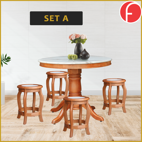 Image of Mateo Dining Set Round Table & Stools 1+4 in Solid Wood Natural Marble Top Cherry/Walnut