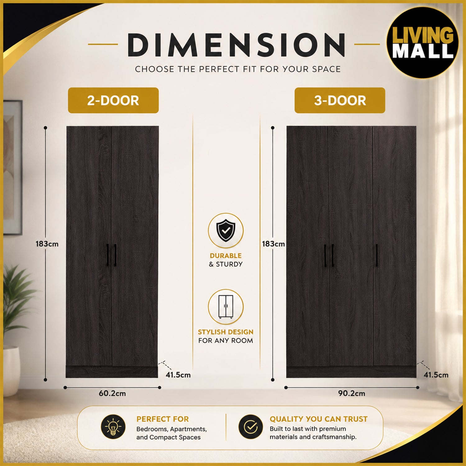 Percy Premium 3 Feet 3 Doors Wardrobe CARB-P2 Certified Laminated Back Panel - Free Install