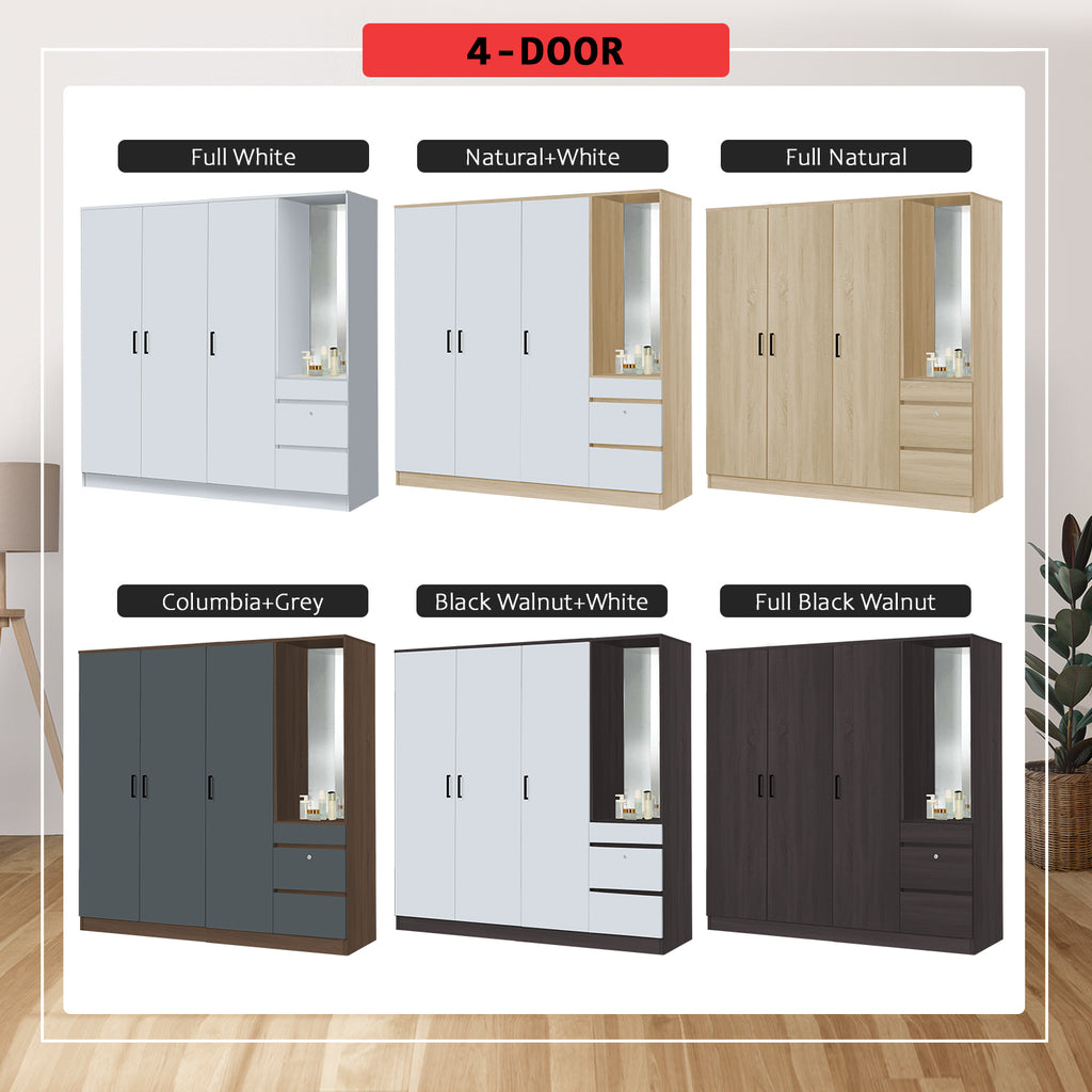 Sabine 4-Door Wardrobe Dresser Combo with Mirror and Drawers in 6 Colours