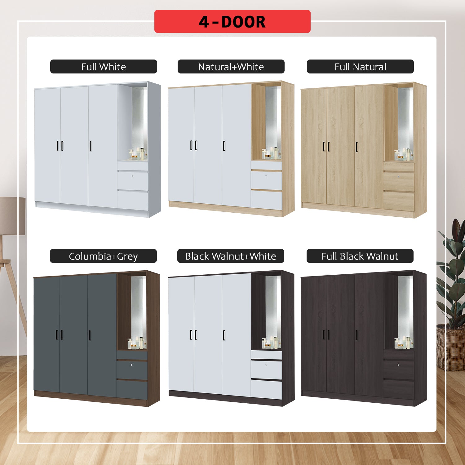 Sabine 4-Door Wardrobe Dresser Combo with Mirror and Drawers in 6 Colours