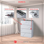 Agnes Series Chest of Drawer with Charging Port and Hidden Compartment in Marble White