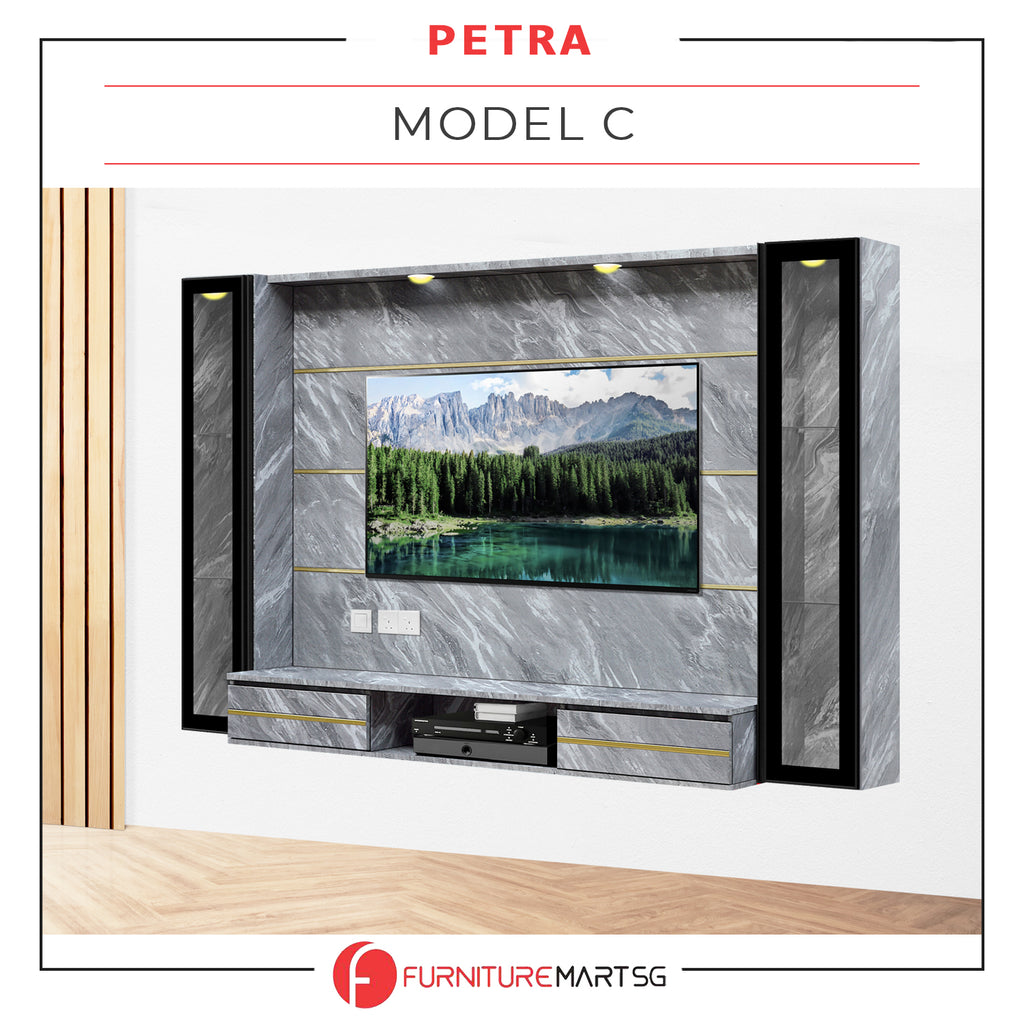 Petra Series Wall Mount TV Console Marble Finish with Light and Built-in Socket in 3 Models
