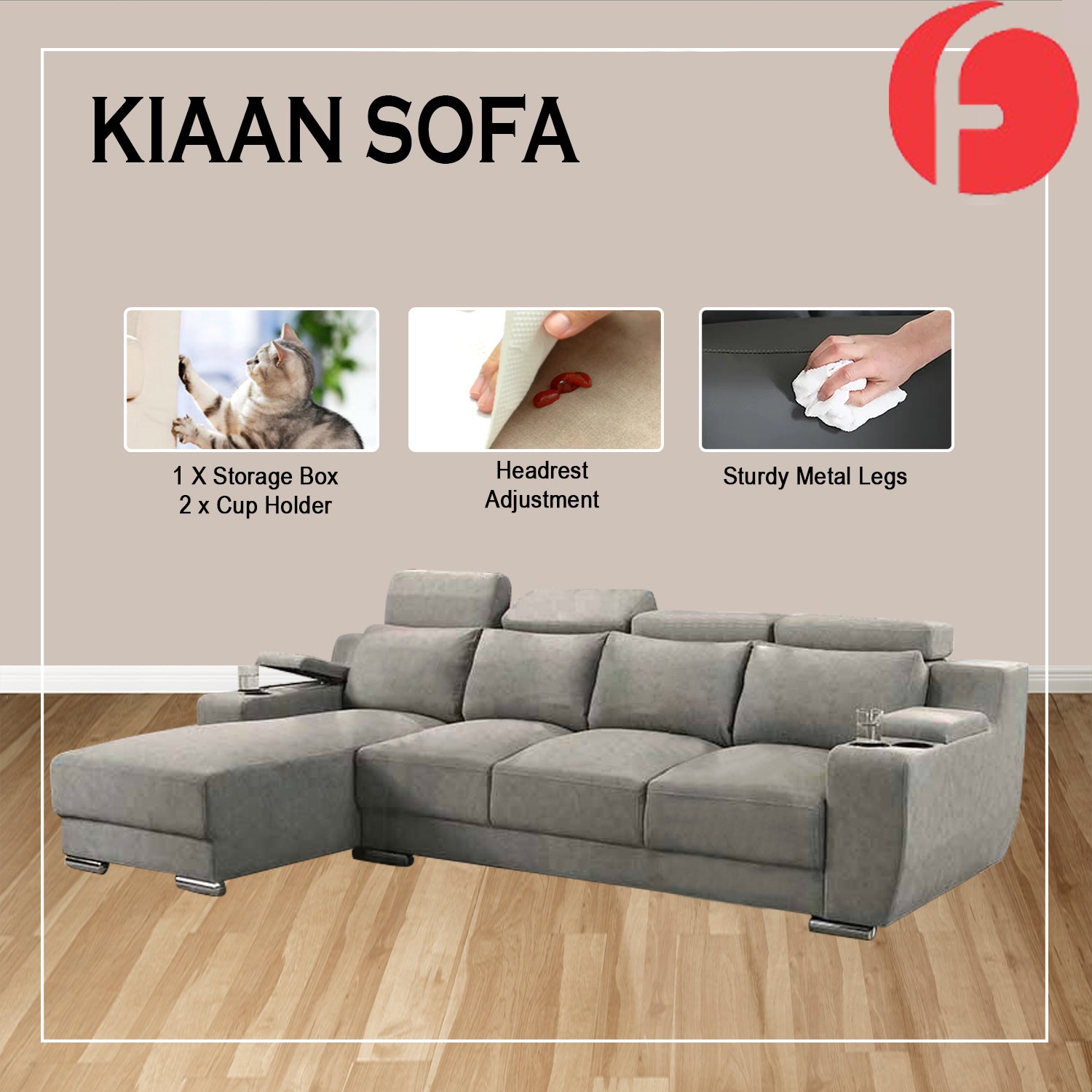 Kiaan Sofa Armrest Storage + Cup Holders 3/4L Shape Sofa Set w/ Pet-Friendly Option