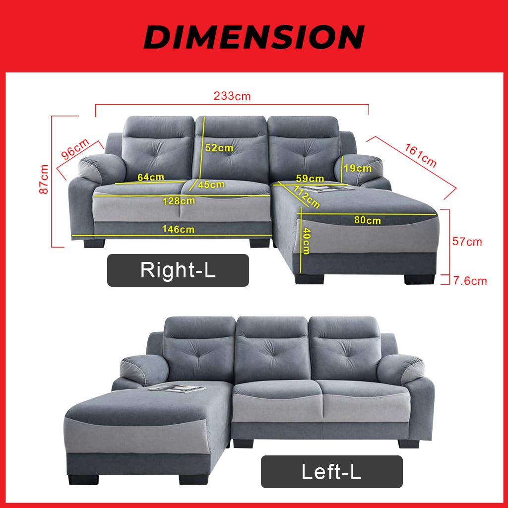 Maine 3-Seater L-Shaped Sofa Pocketed Spring in 50 Colour - w/ PetFriendly Fabric