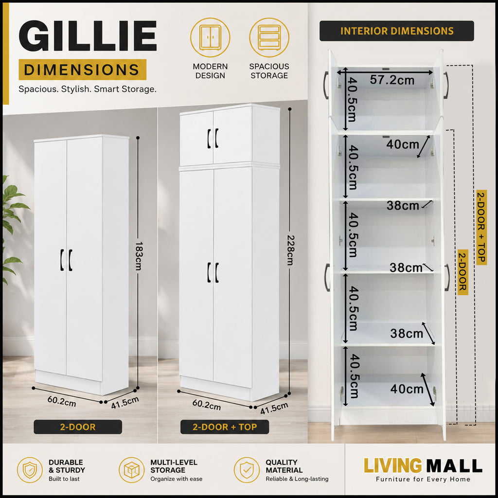 Gillie Series 2 Doors Tall Wardrobe with Top Cabinet Fully Laminated Back in 6 Colours