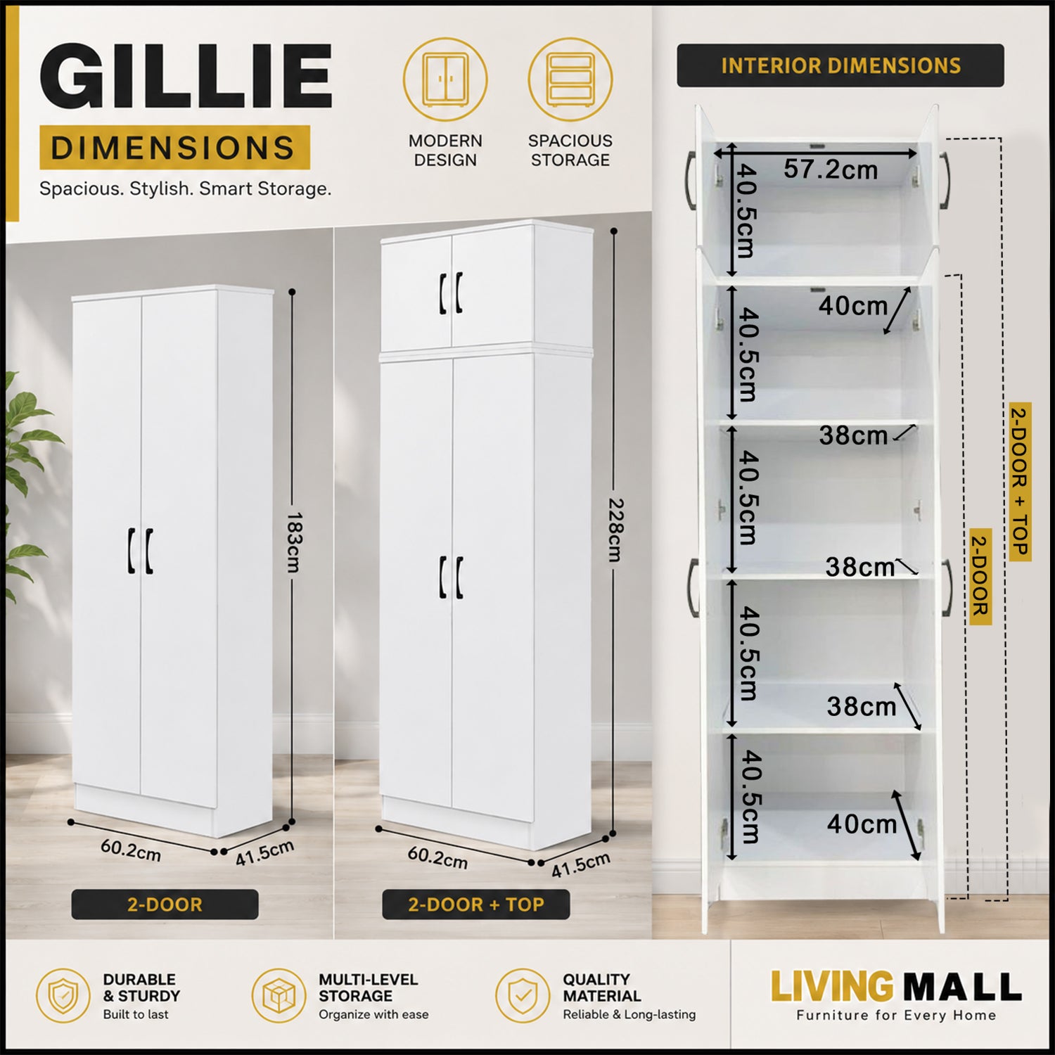 Gillie Series 2 Doors Tall Wardrobe with Top Cabinet Fully Laminated Back in 6 Colours